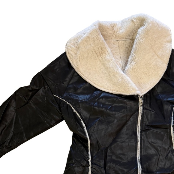 Black Faux Leather White Fur Pennylane Jacket - Picture 3 of 6